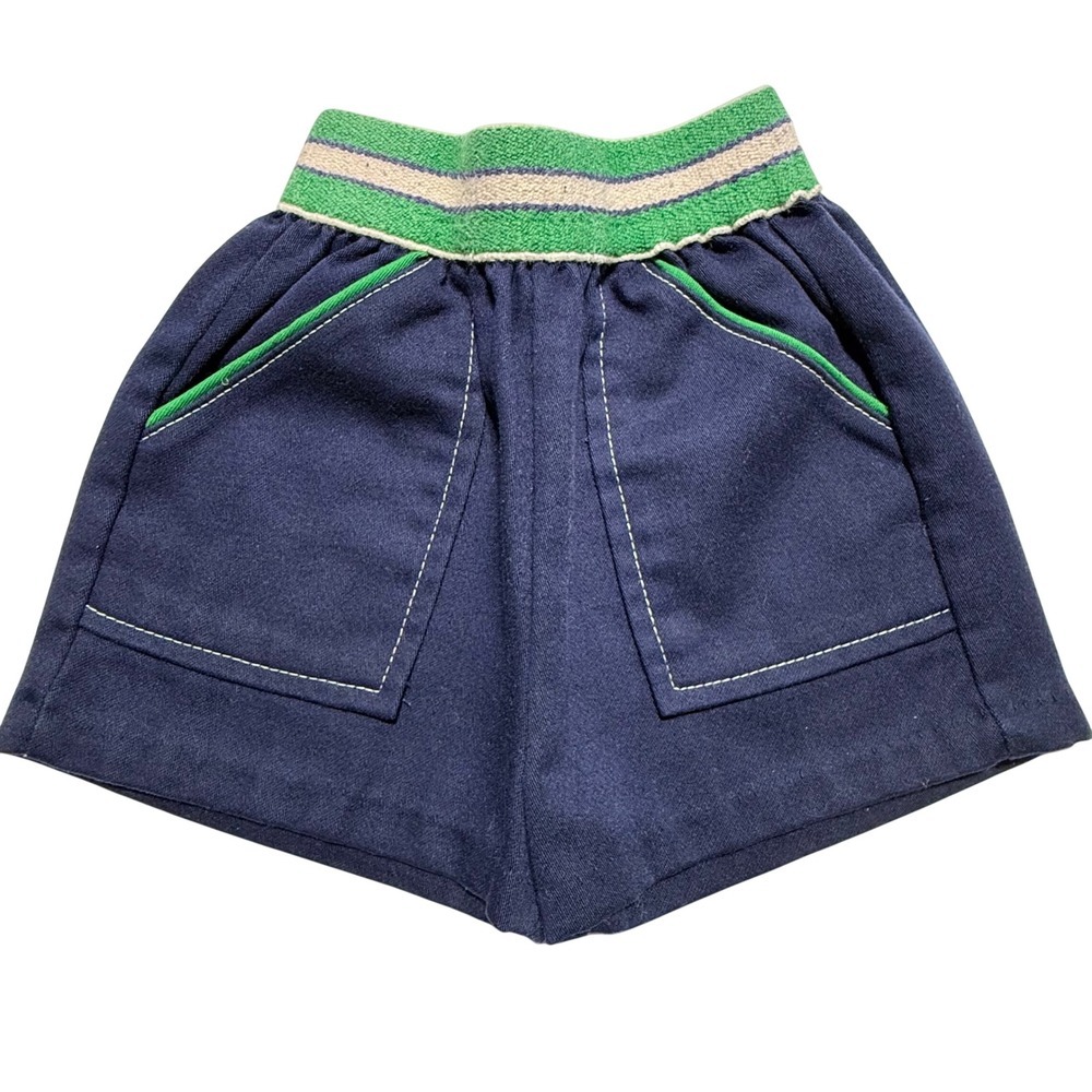 Vintage 70s Donmoor Toddler Boys Shorts Navy Blue Green Striped Waist Pockets T3